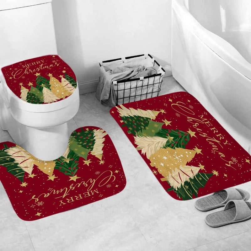 Apear1 4Pcs Merry Christmas Shower Curtain Set Xmas Tree Snowflake Shower Curtain for Christmas Bathroom Decor with Anti-Slip Waterproof Bathtub Bathroom Rugs Toilet Lid Cover (Red) - Image 4